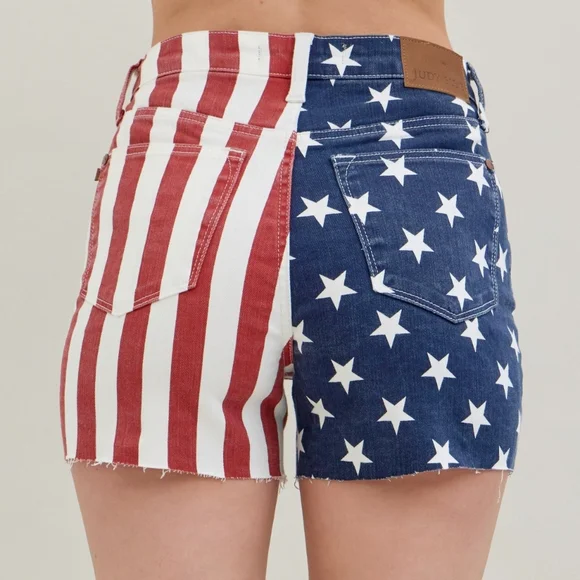 Judy Blue High-Rise Stars Stripes Jean USA American Flag Raw Hem Denim Shorts